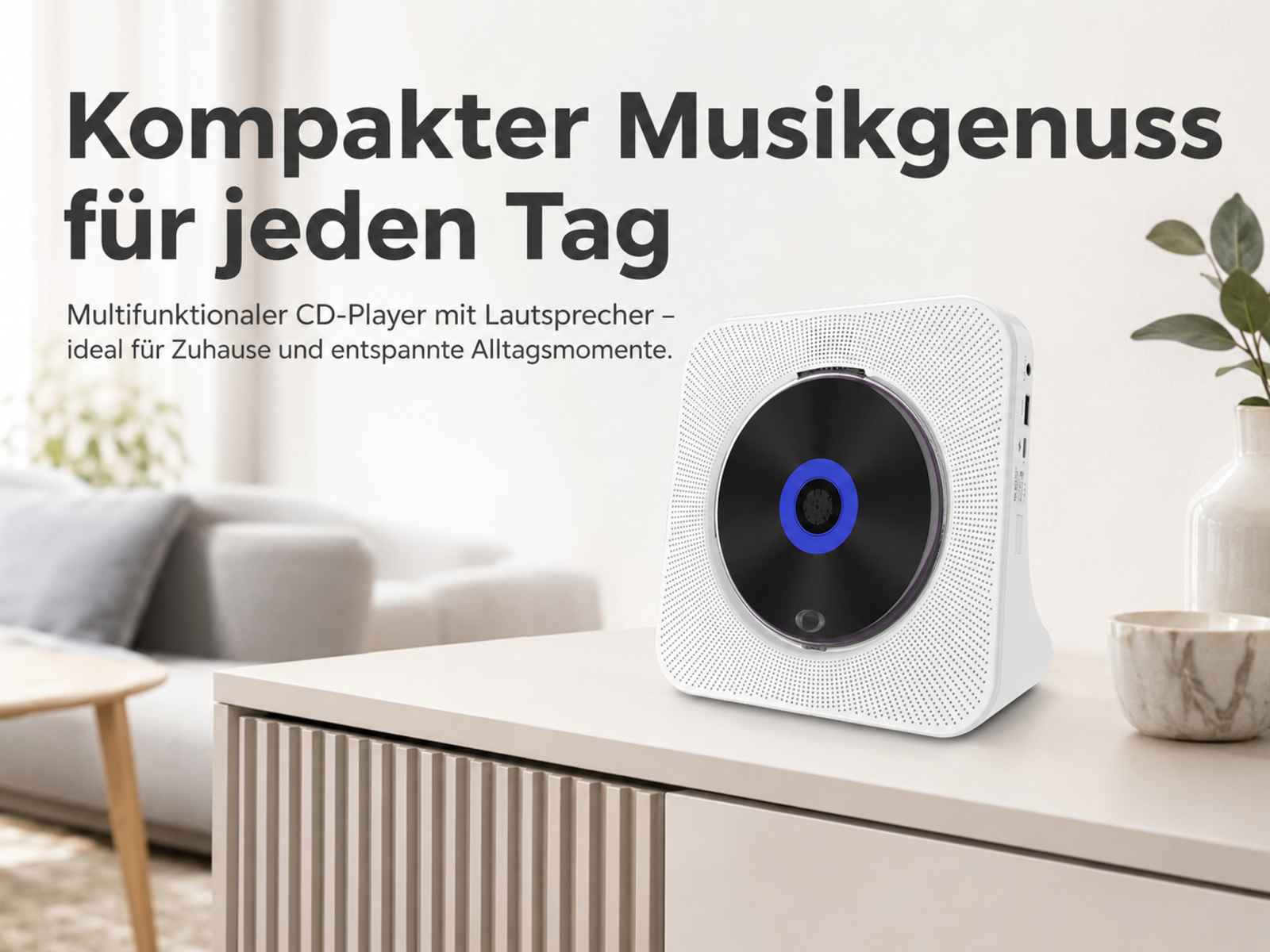 Ein weißer CD-Player mit blauem Ring auf einem Sideboard.