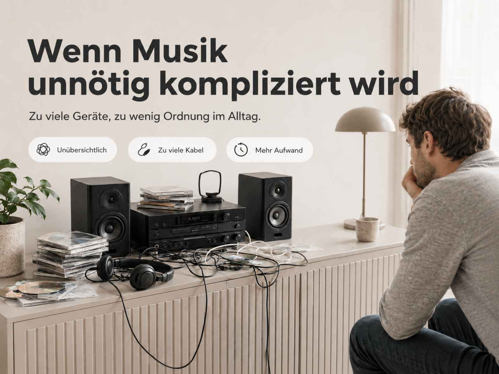 Ein Mann sitzt vor einem überladenen Hi-Fi-Rack mit vielen Kabeln und CDs.