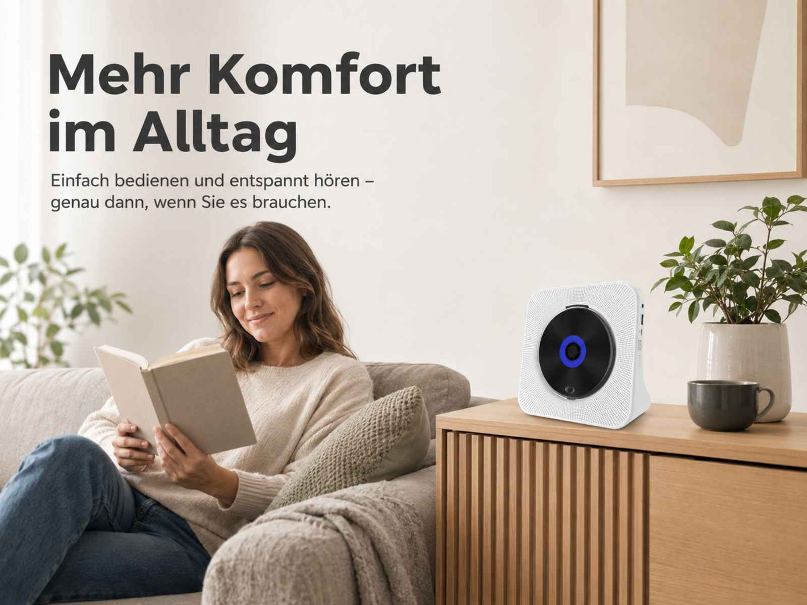 Frau liest Buch auf Sofa, CD-Player mit blauem Kreis auf Kommode.
