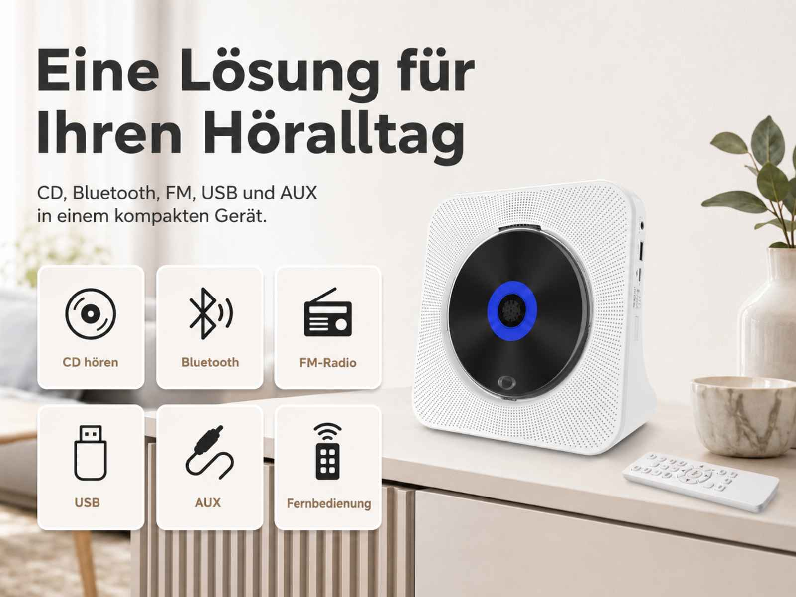 Ein weißes CD-Gerät mit Icons für CD, Bluetooth, Radio, USB, AUX und Fernbedienung.
