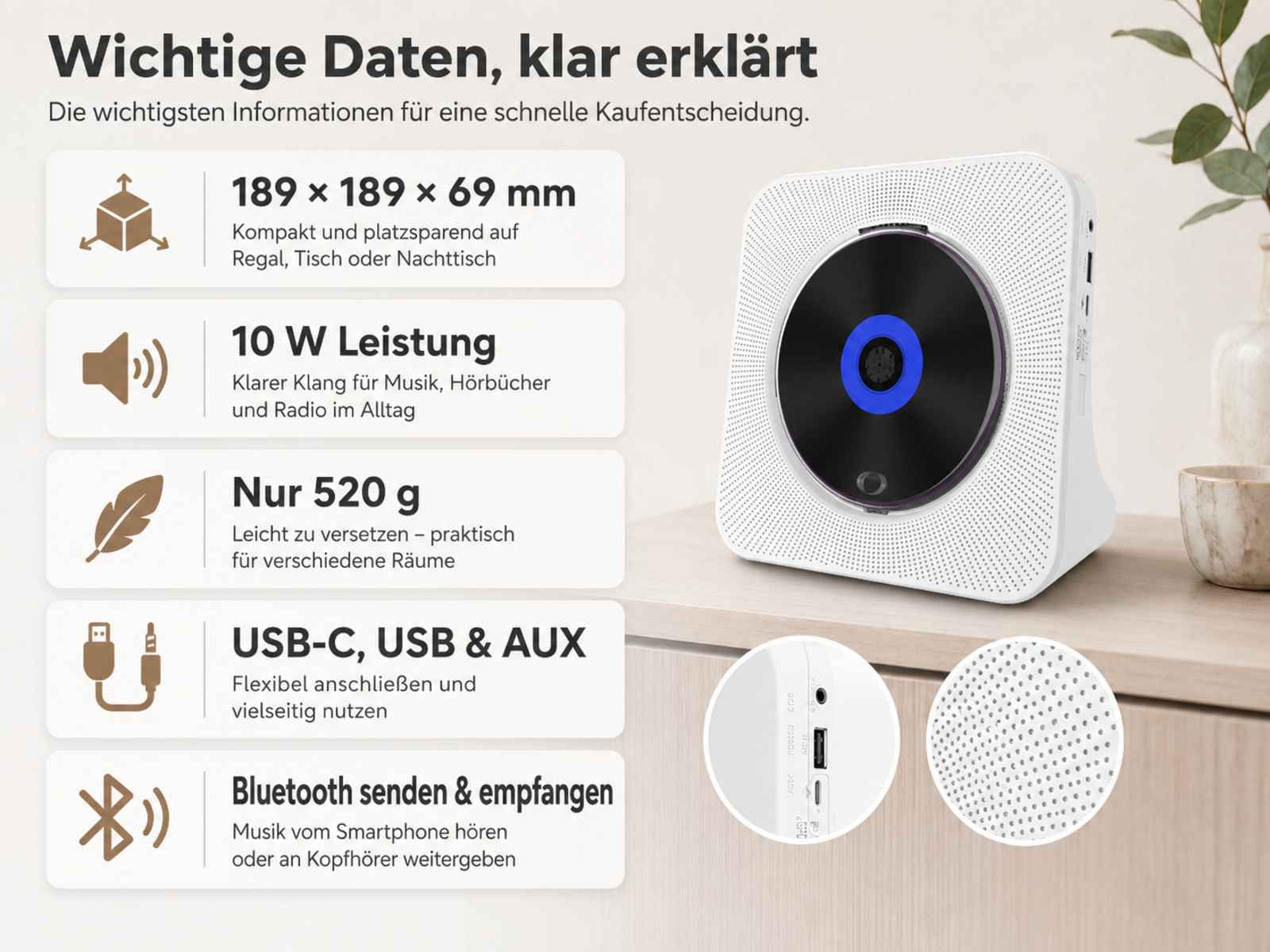 Ein weißer CD-Player mit Details zu Maßen, Leistung, Gewicht, Anschlüssen und Bluetooth.