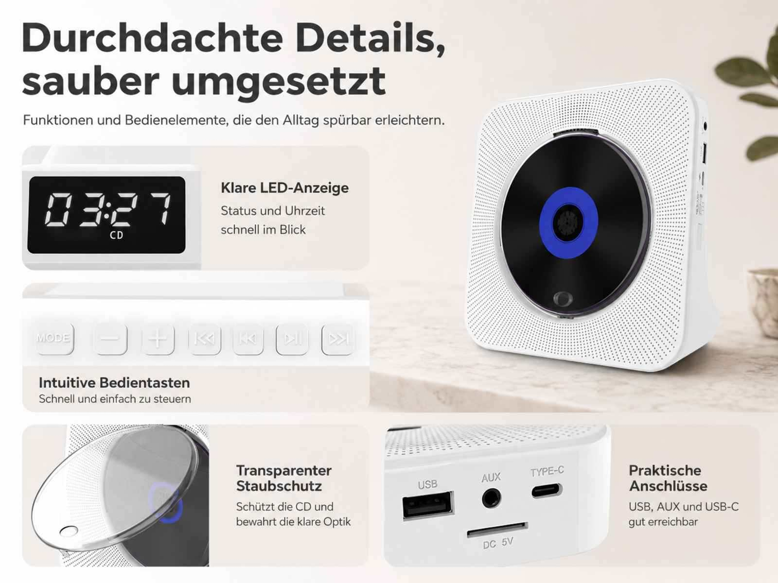 Weiße CD-Player-Kombination mit Anzeige, Tasten, CD-Fach und Anschlüssen.