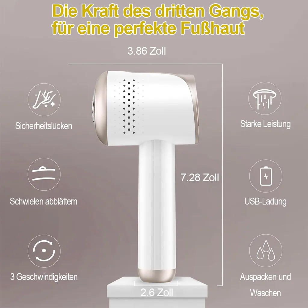 Ein weißes und goldenes Fußpflegegerät mit deutschen Beschriftungen.
