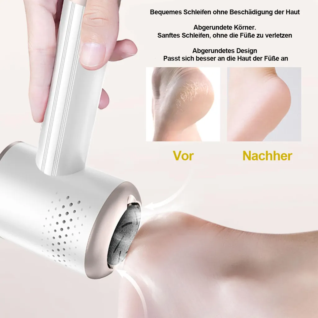 Gerät zur Fußpflege schleift trockene Haut. Vorher/Nachher Vergleich.