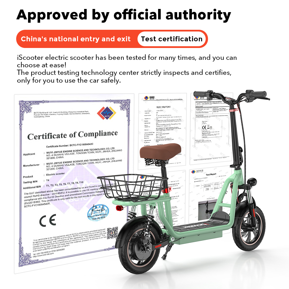 Uno scooter elettrico verde accanto a un certificato e rapporti di prova.
