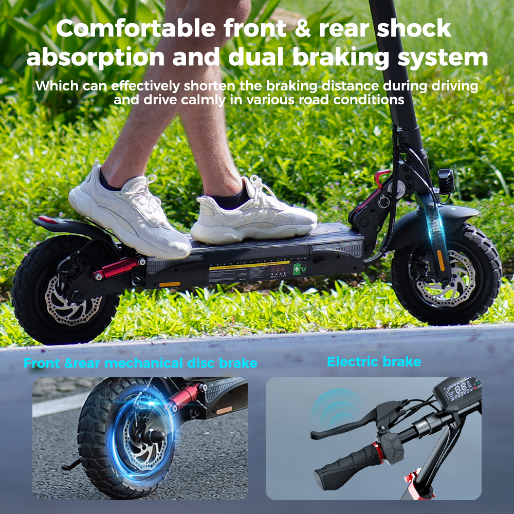 Persona su monopattino elettrico con freni a disco e freno elettrico.