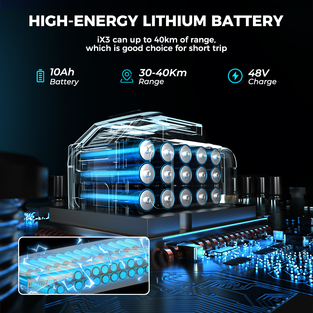 Batteria al litio ad alta energia con 10Ah, autonomia 30-40 km e carica 48V.