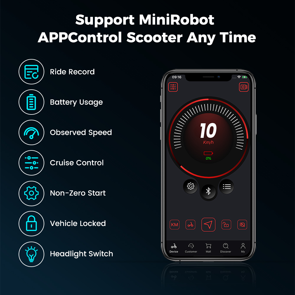 Controllo app per monopattino: mostra velocità, batteria, corsa, blocco, luce.