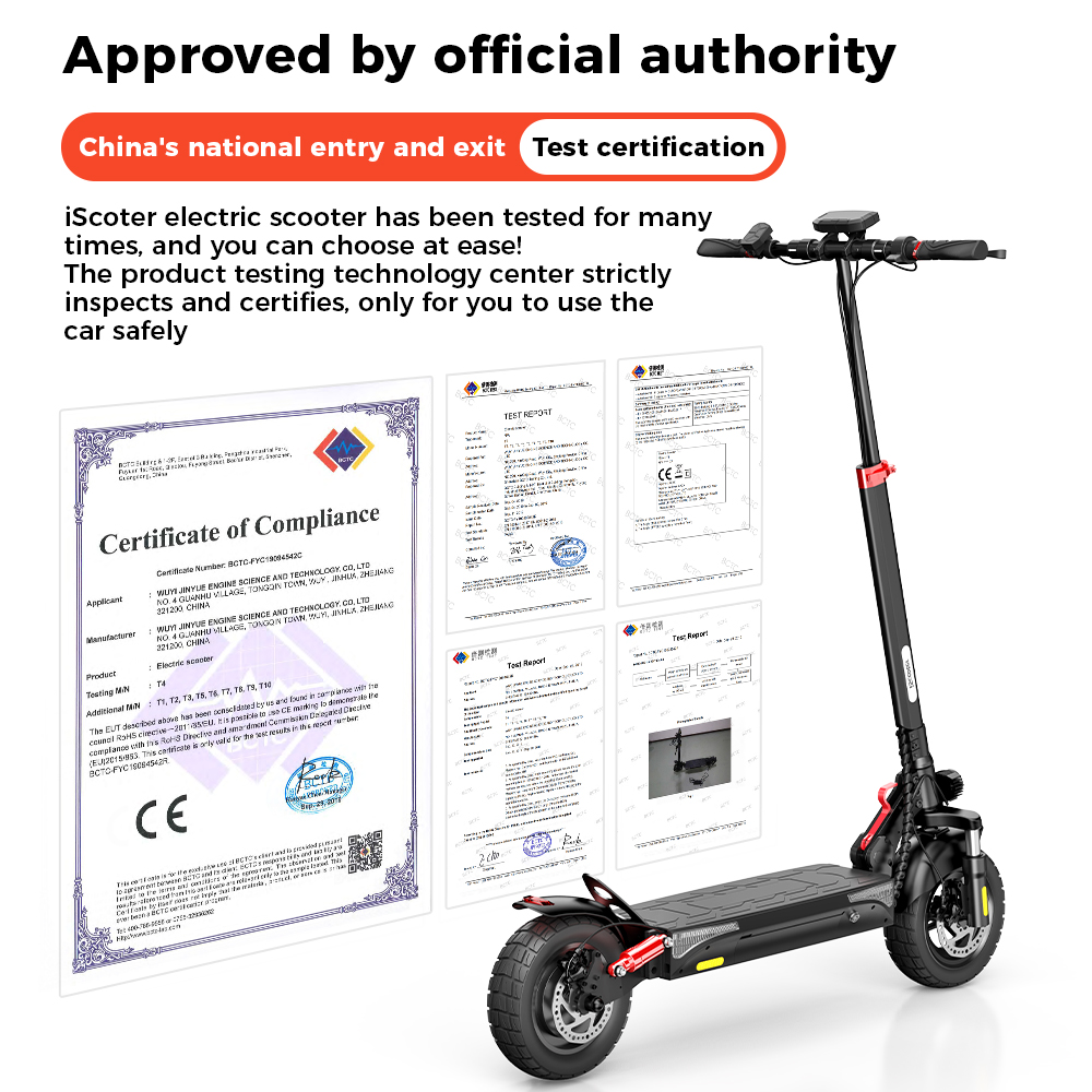 Uno scooter elettrico nero accanto a certificati di prova.