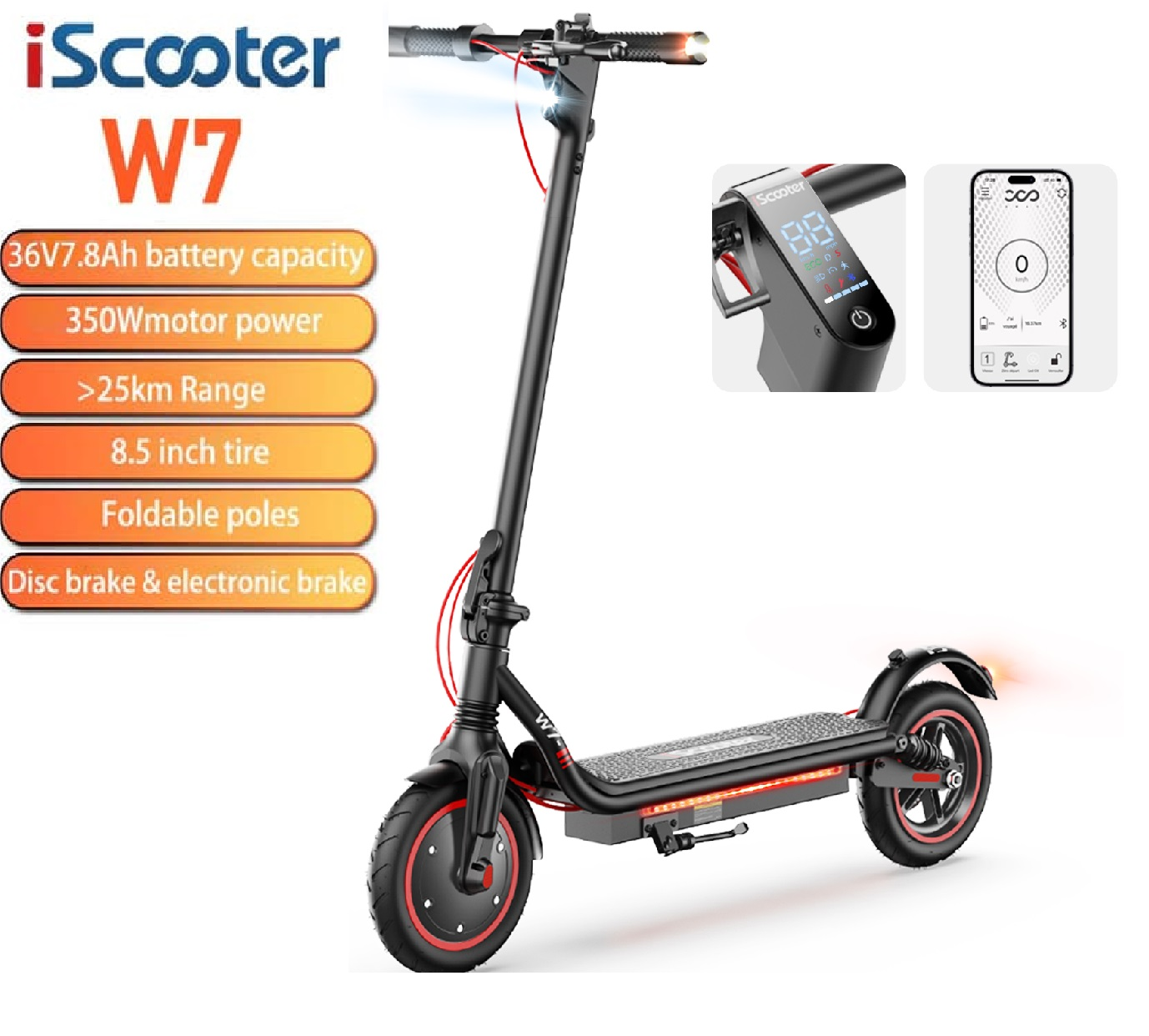 iScooter W7 nero con accenti rossi, display e vista app.