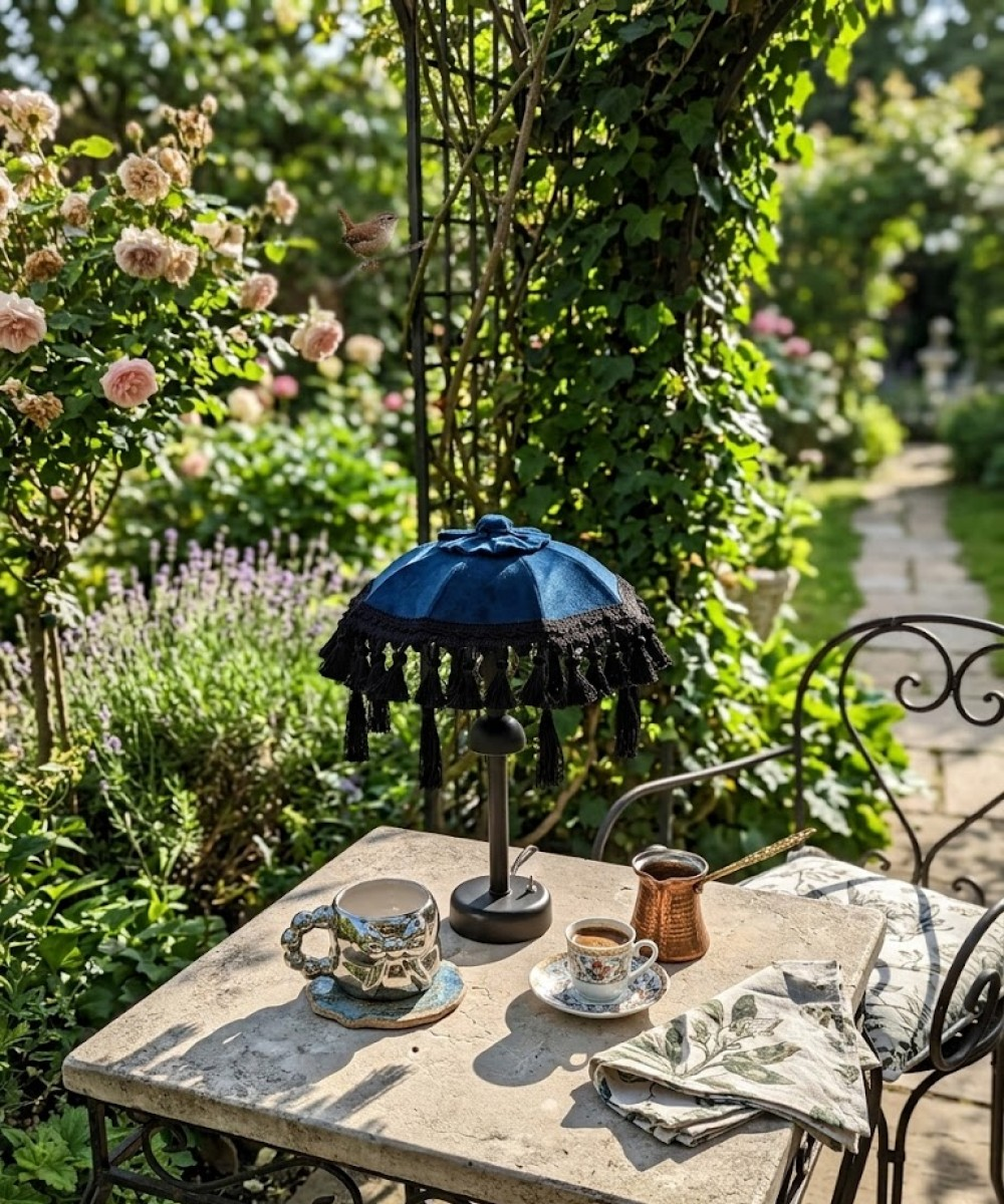 Gül yakınlarında kahve, lamba ve küçük bir kuş silüeti olan bahçe masası.