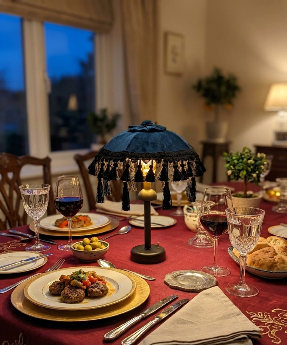 Tabaklar, bardaklar, yiyecekler, ekmek ve bir lamba ile şenlikli hazırlanmış masa.