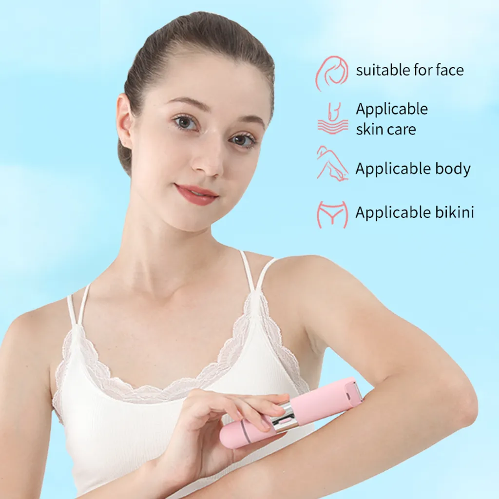 Eine Frau hält einen rosa Epilierer und zeigt, dass er für Gesicht, Haut, Körper und Bikini geeignet ist.