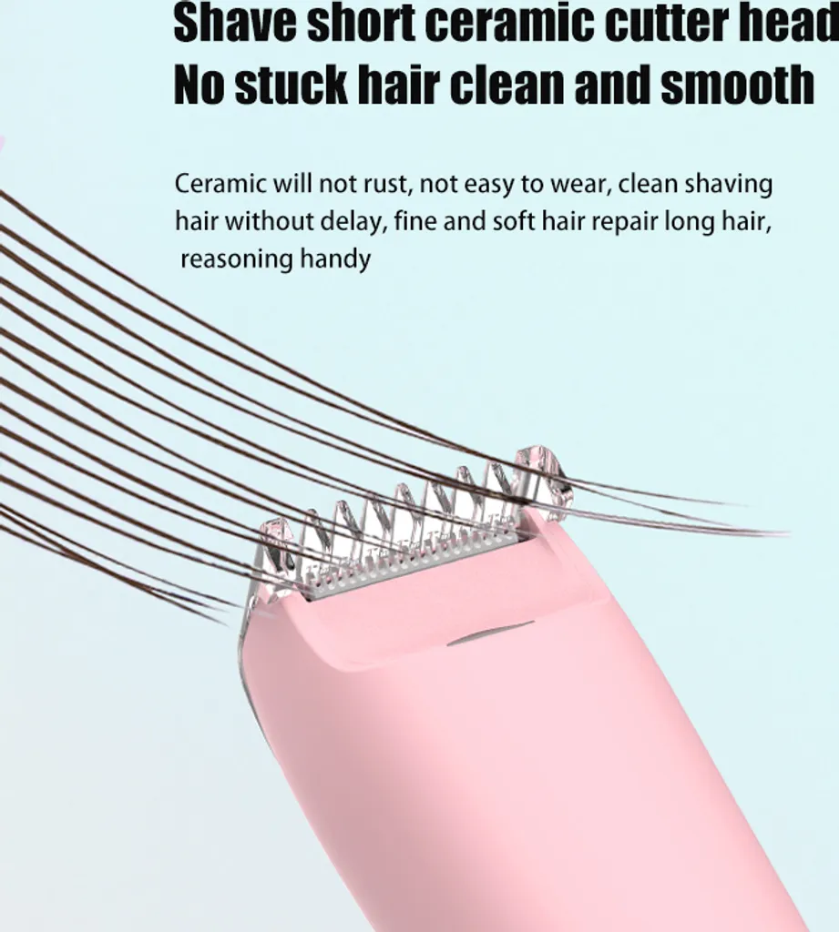 Pinker Elektrorasierer mit Keramikklingen, der braune Haare schneidet. Sanfte Rasur.