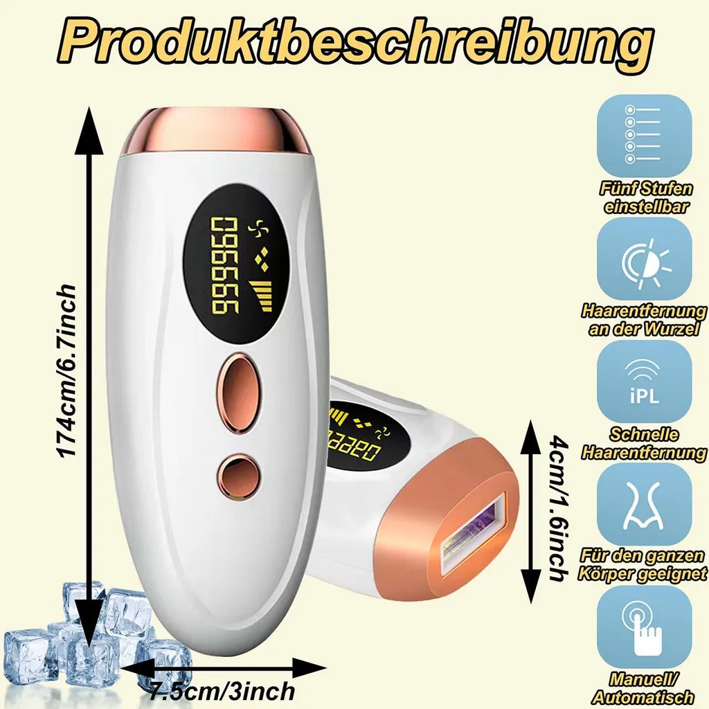 Produktbeschreibung: Ein weißes IPL-Haarentfernungsgerät mit roségoldenen Akzenten, Maße und Funktionen.