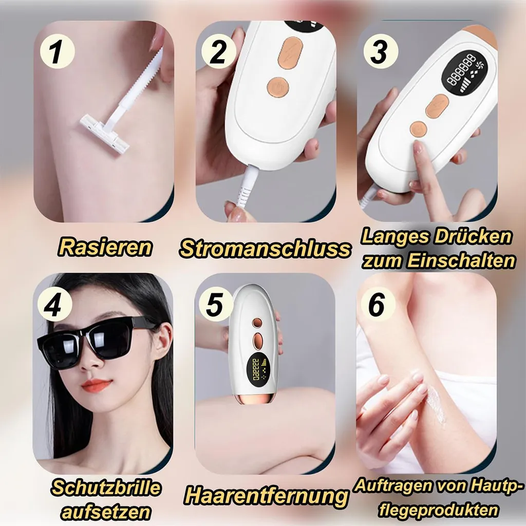 Anleitung zur Haarentfernung: Rasieren, anschließen, einschalten, Brille tragen, behandeln, eincremen.