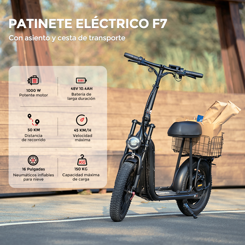 Monopattino elettrico nero F7 con sedile, cestino e sacchetti di carta. Specifiche a sinistra.