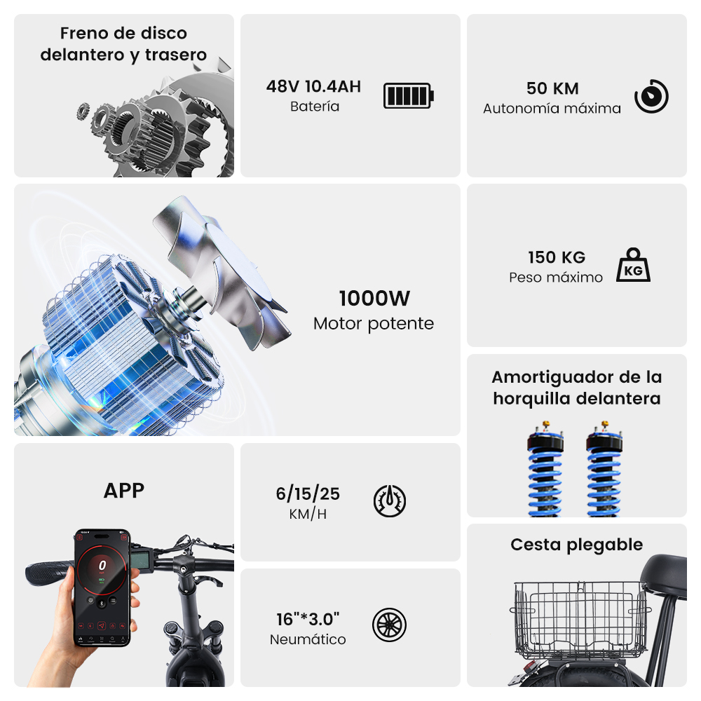 Specifiche e-bike: Freni a disco, motore 1000W, batteria 48V, autonomia 50km, carico 150kg.
