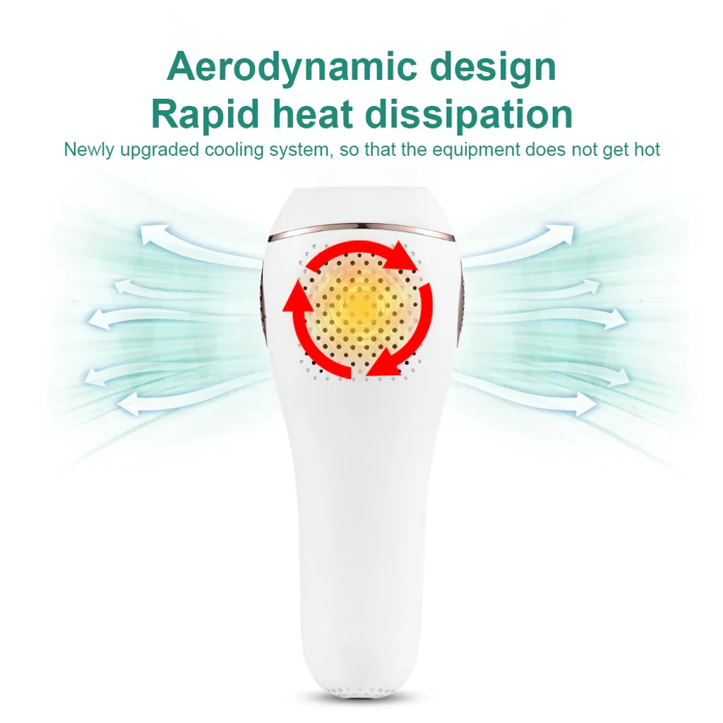 Ein weißes Gerät mit aerodynamischem Design und roten Pfeilen, die eine schnelle Wärmeableitung anzeigen.