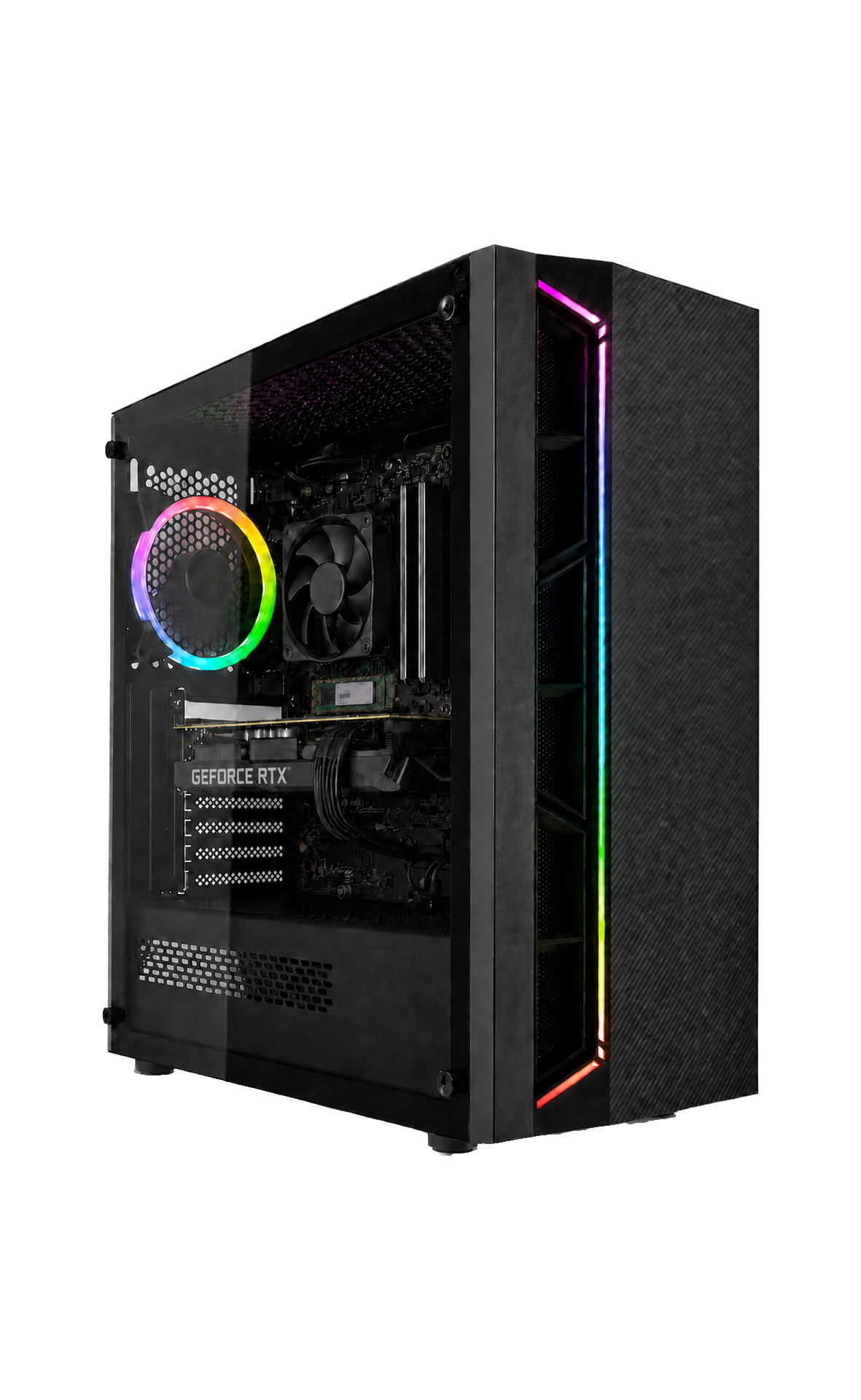 Ein schwarzes PC-Gehäuse mit Glasfenster, das eine Grafikkarte und RGB-Lüfter zeigt.