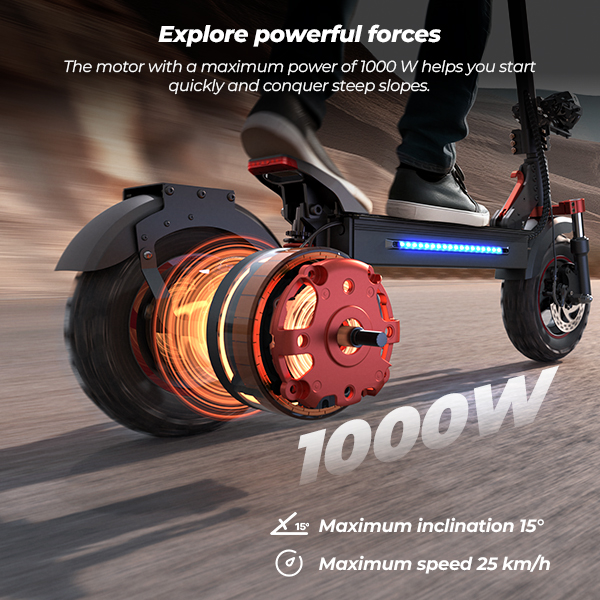 Monopattino elettrico con motore da 1000W, mostra inclinazione 15°, velocità 25 km/h.