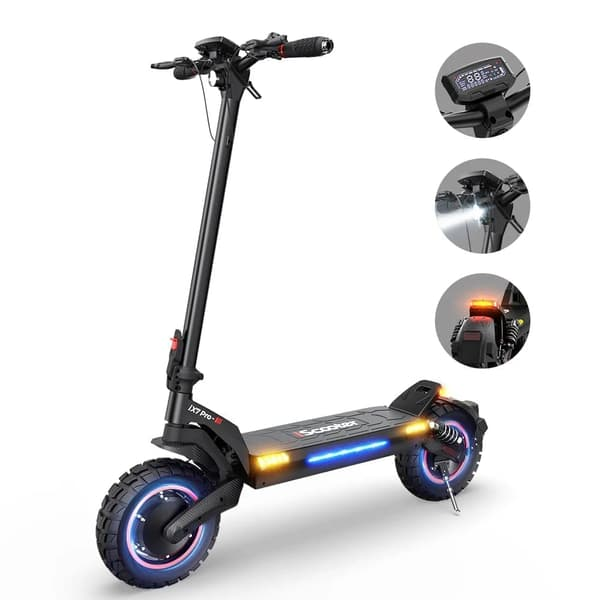 Monopattino elettrico nero con ruote illuminate e indicatore di carica.