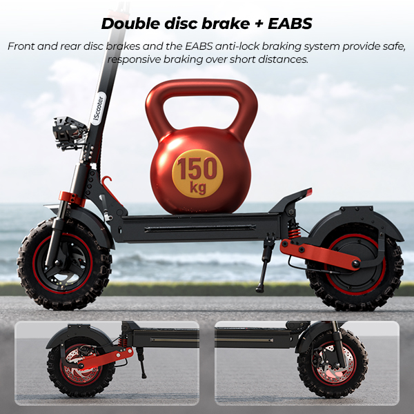 Uno scooter elettrico nero con un kettlebell rosso da 150 kg sul suo pianale.