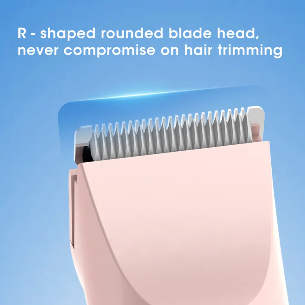 Nahaufnahme eines rosa Haarschneiders mit R-förmigen Klingen vor blauem Himmel.