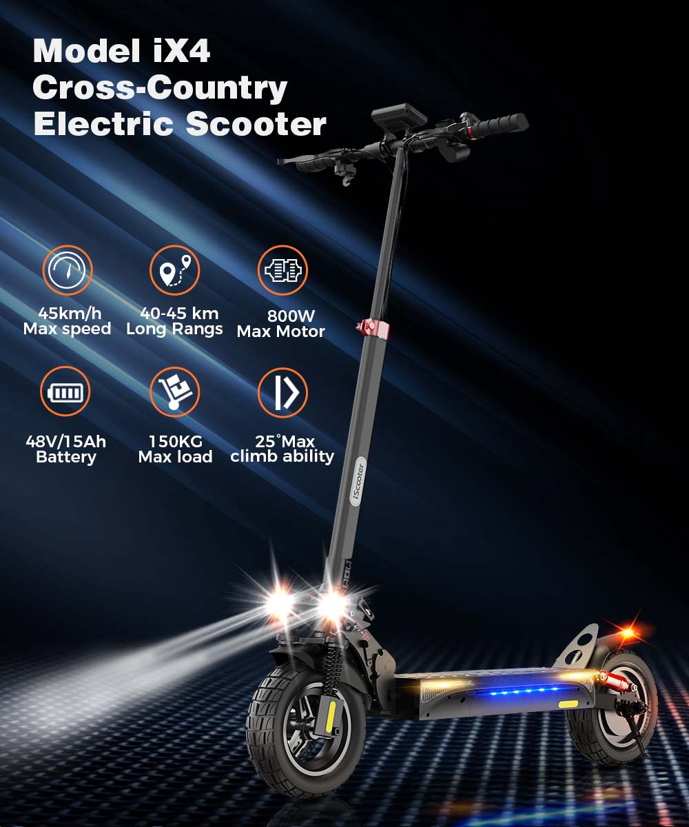 Monopattino elettrico nero iX4: 45 km/h max, motore 800W, batteria 48V.