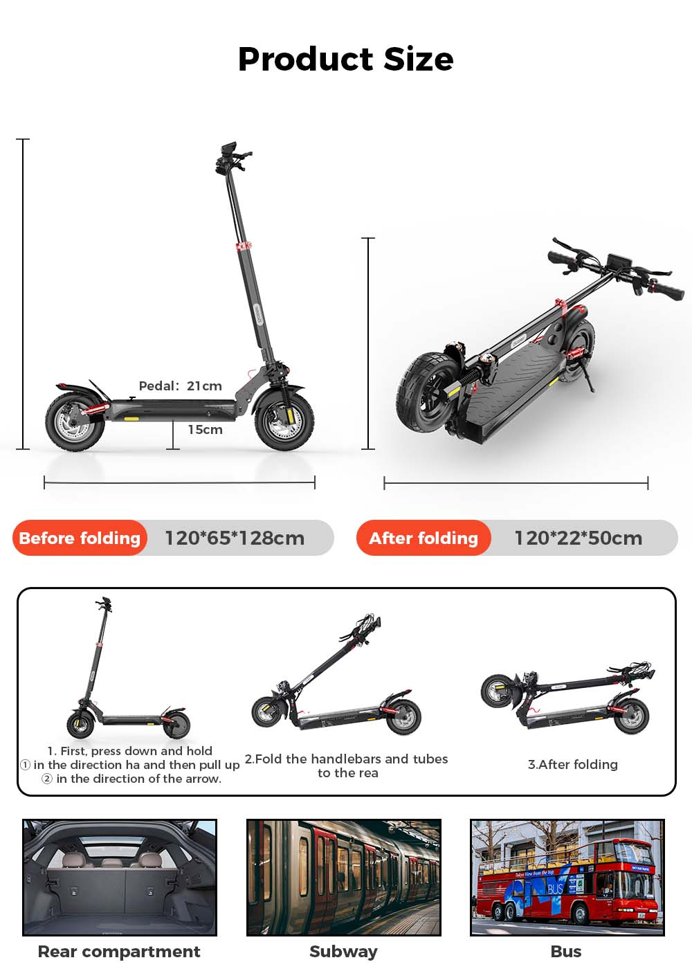 Grafico dimensioni prodotto mostra dimensioni scooter elettrico, passi piegatura, opzioni trasporto.