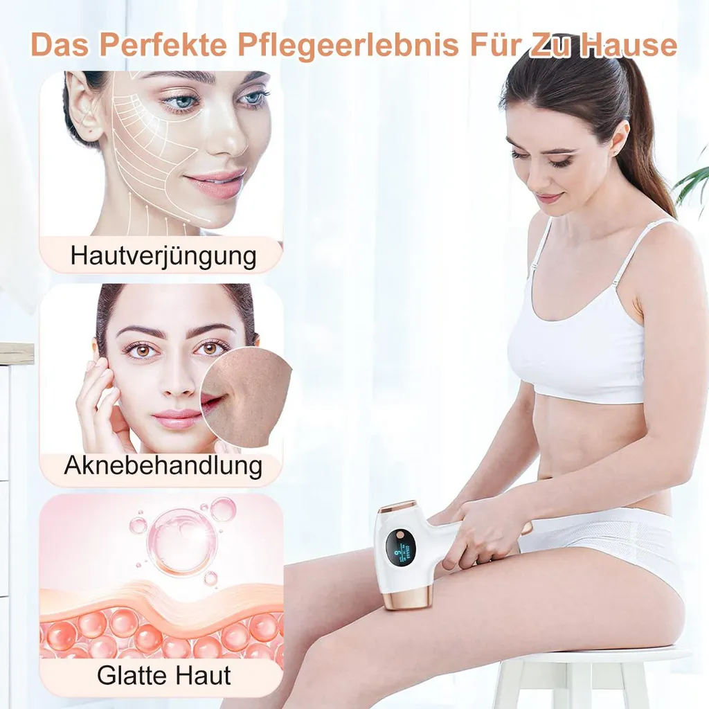 Frau mit IPL-Gerät zur Haarentfernung am Bein, daneben Hautpflegebilder.
