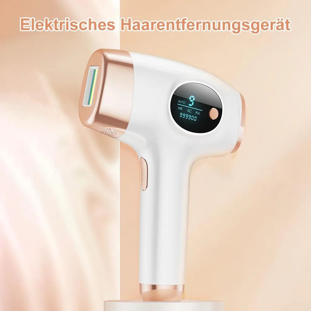Ein weißes IPL-Haarentfernungsgerät mit roségoldenen Akzenten und digitalem Display.