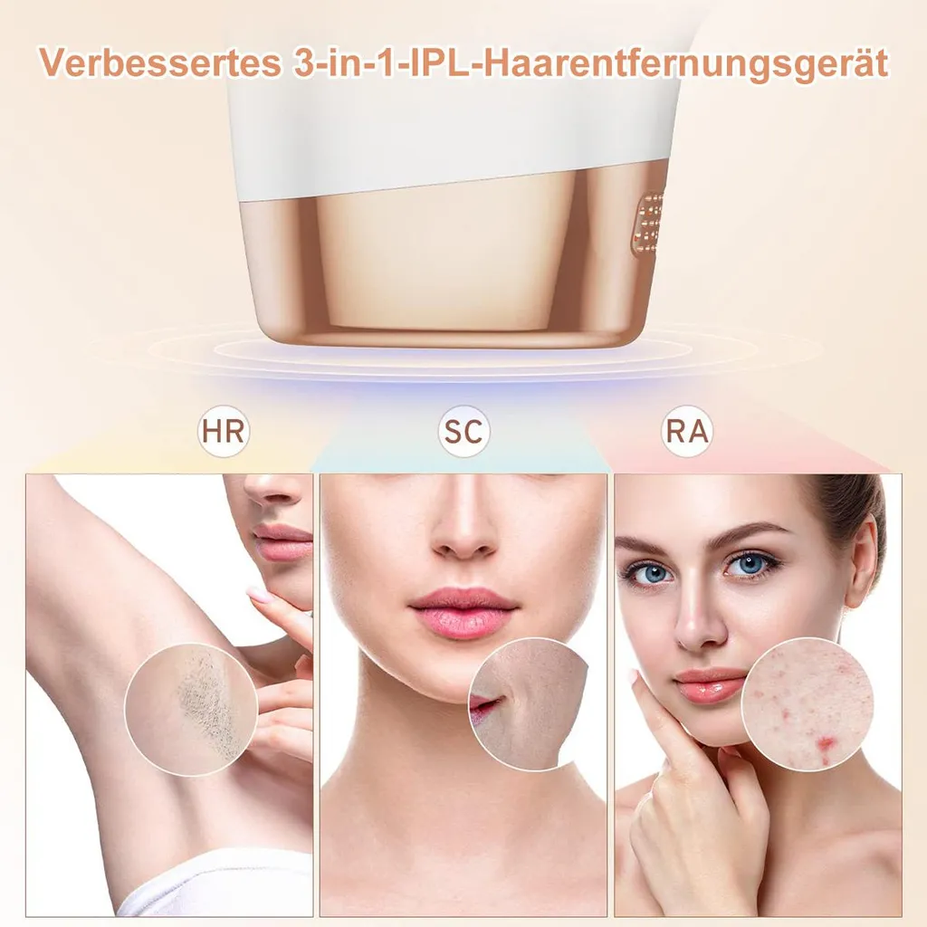 Oberteil eines IPL-Haarentfernungsgeräts über drei Bildern: Achsel, Gesicht und Akne.