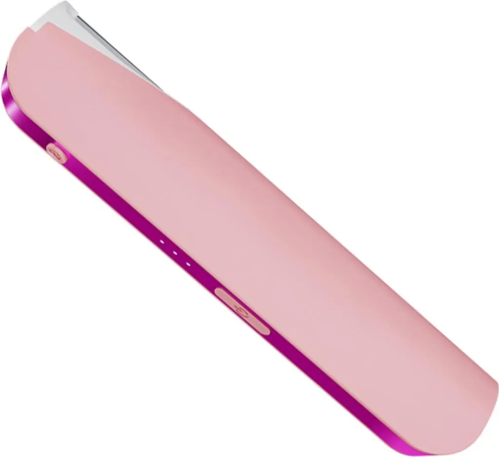 Ein rosafarbener Haarglätter mit violetten Akzenten und Knöpfen.