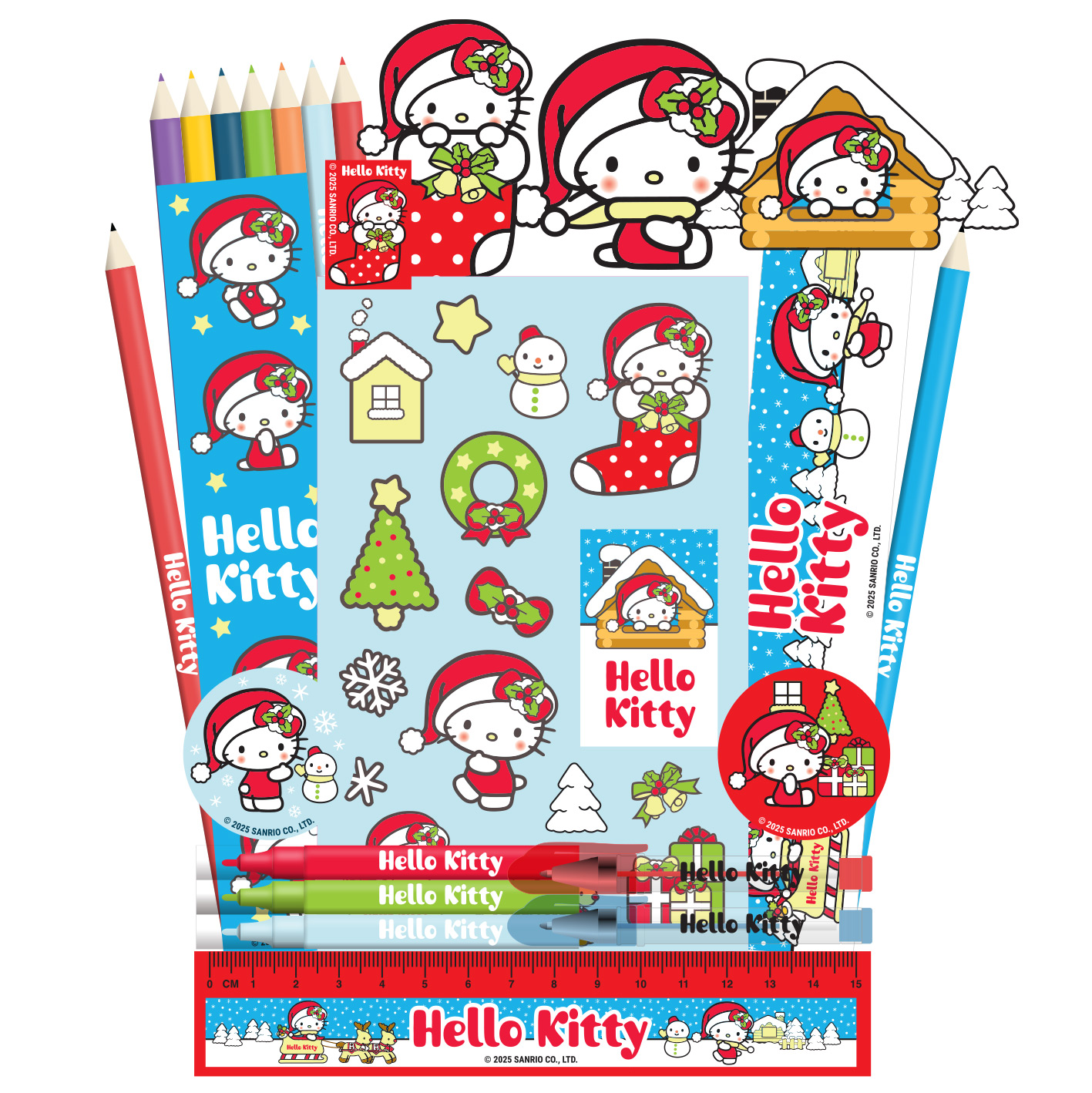 Weihnachtliche Hello Kitty-Artikel: Stifte, Aufkleber, Haus und mehr.