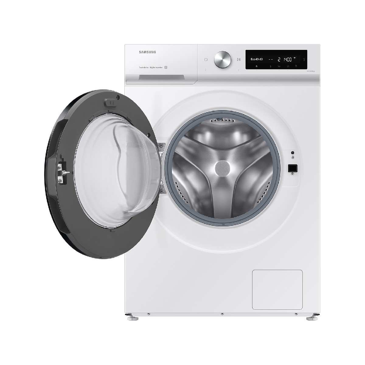 Weiße Samsung Waschmaschine mit geöffneter grauer Tür und silberner Trommel.