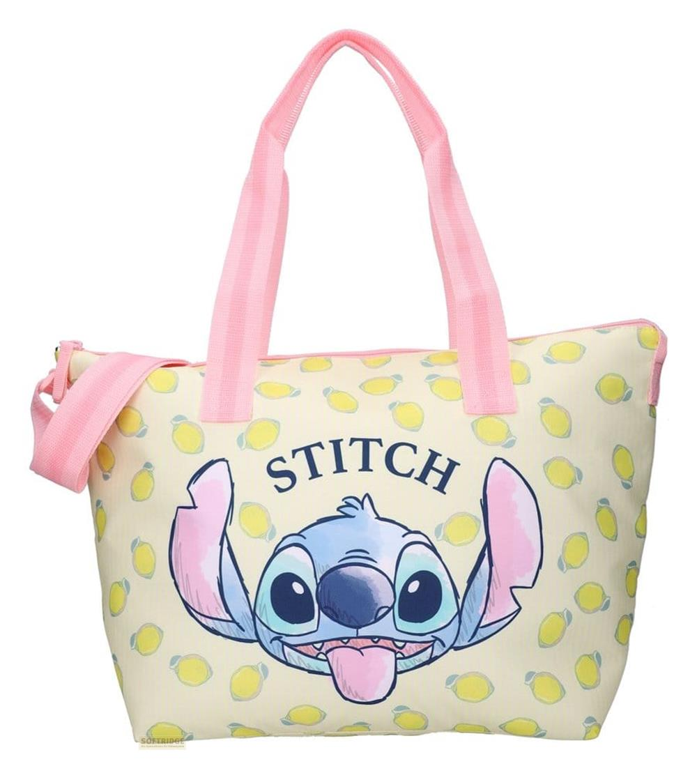 Eine gelbe Tasche mit Stitch und Zitronenmuster, rosa Henkeln.