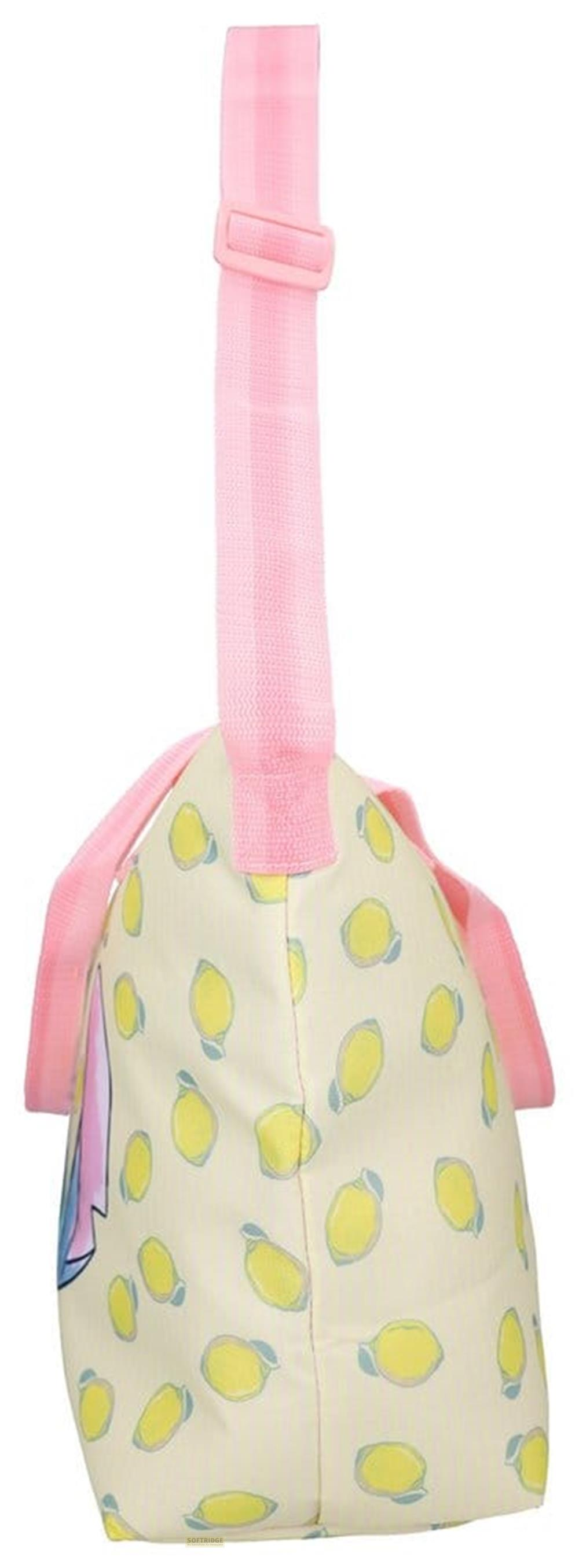 Eine hellgelbe Tasche mit einem Zitronenmuster und rosa Trägern.