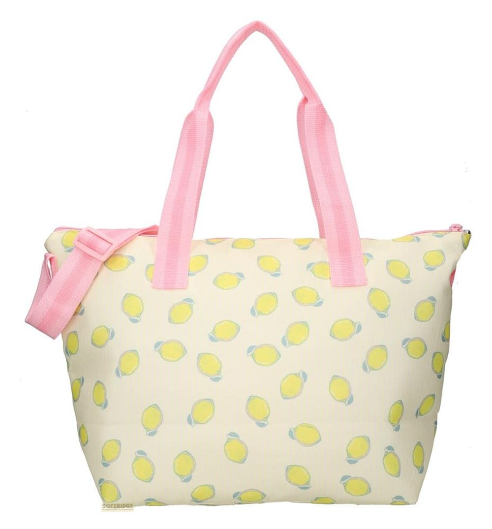 Eine cremefarbene Tasche mit einem Muster aus gelben Zitronen und rosa Trägern.