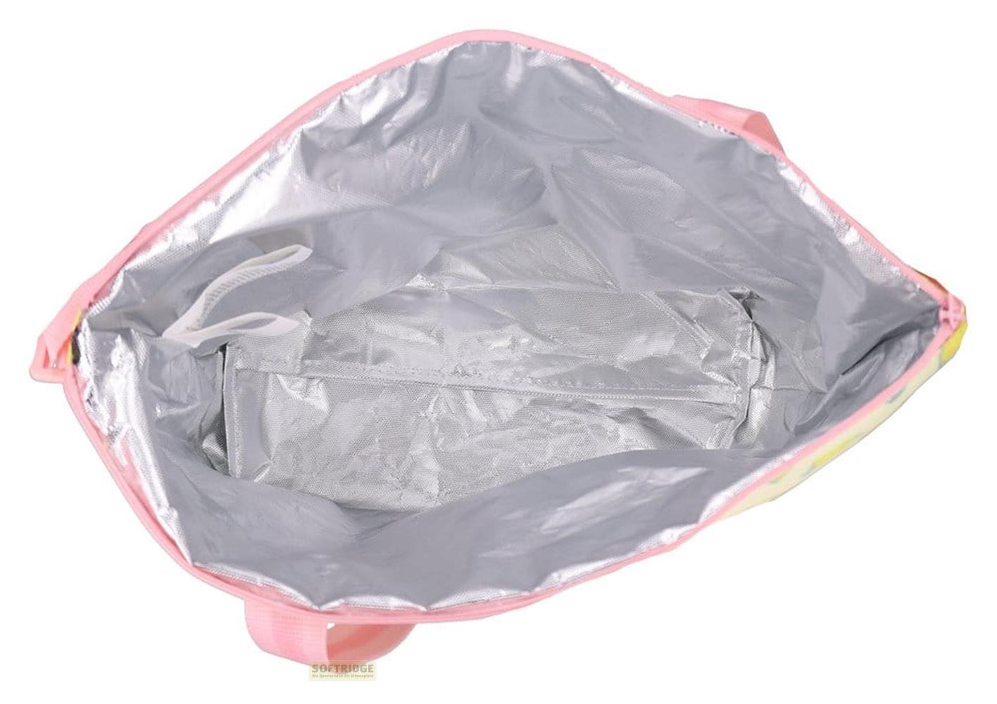 Innenansicht einer offenen, isolierten Tasche mit rosa Rand und silbernem Futter.