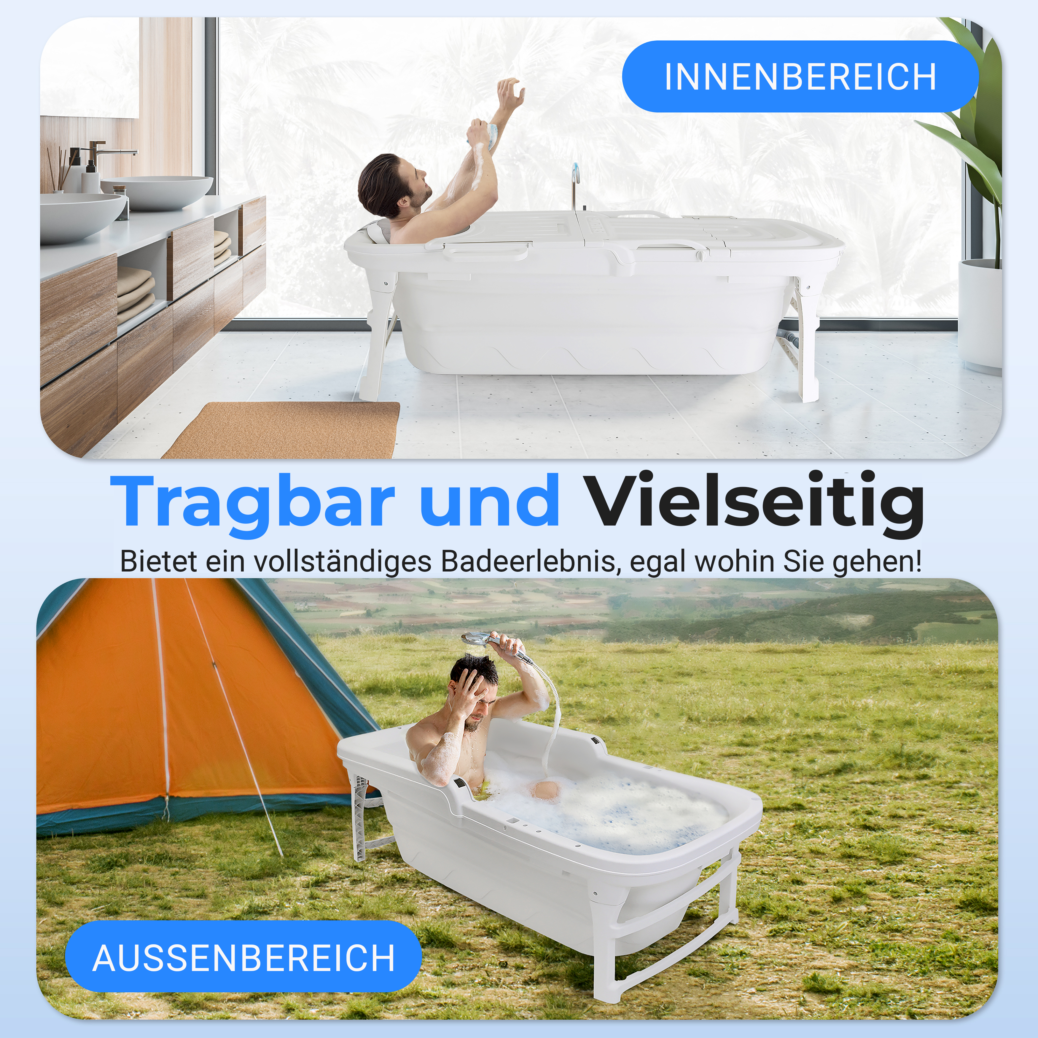 Mann in faltbarer Wanne drinnen und draußen. Tragbar und vielseitig.