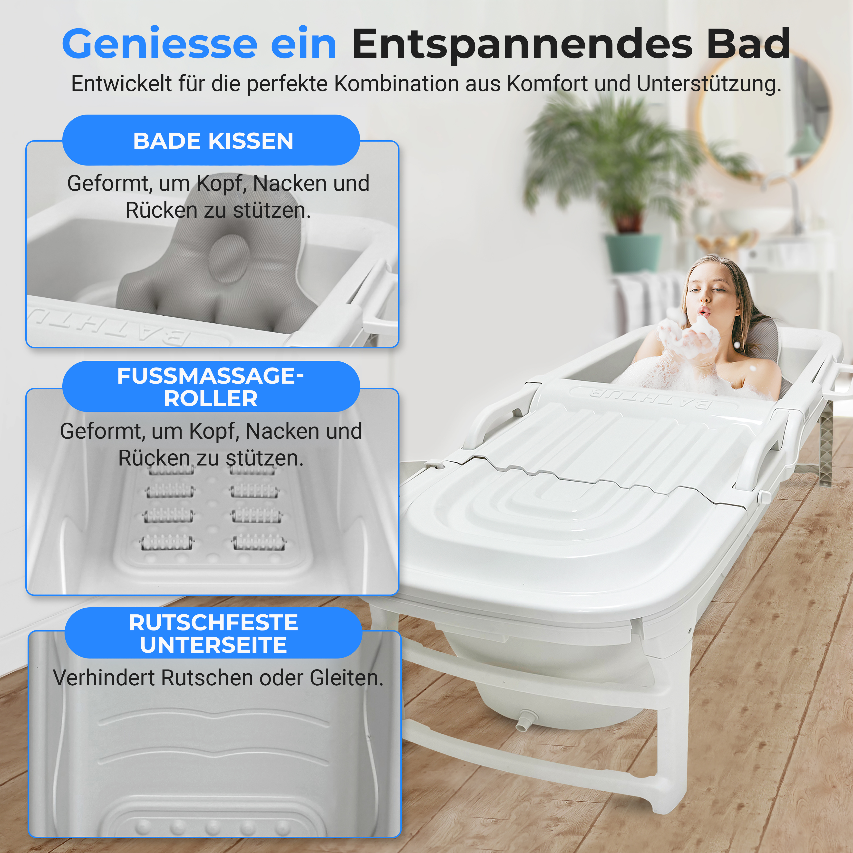 Frau genießt ein entspannendes Bad in einer faltbaren Badewanne mit Kissen und Rollern.