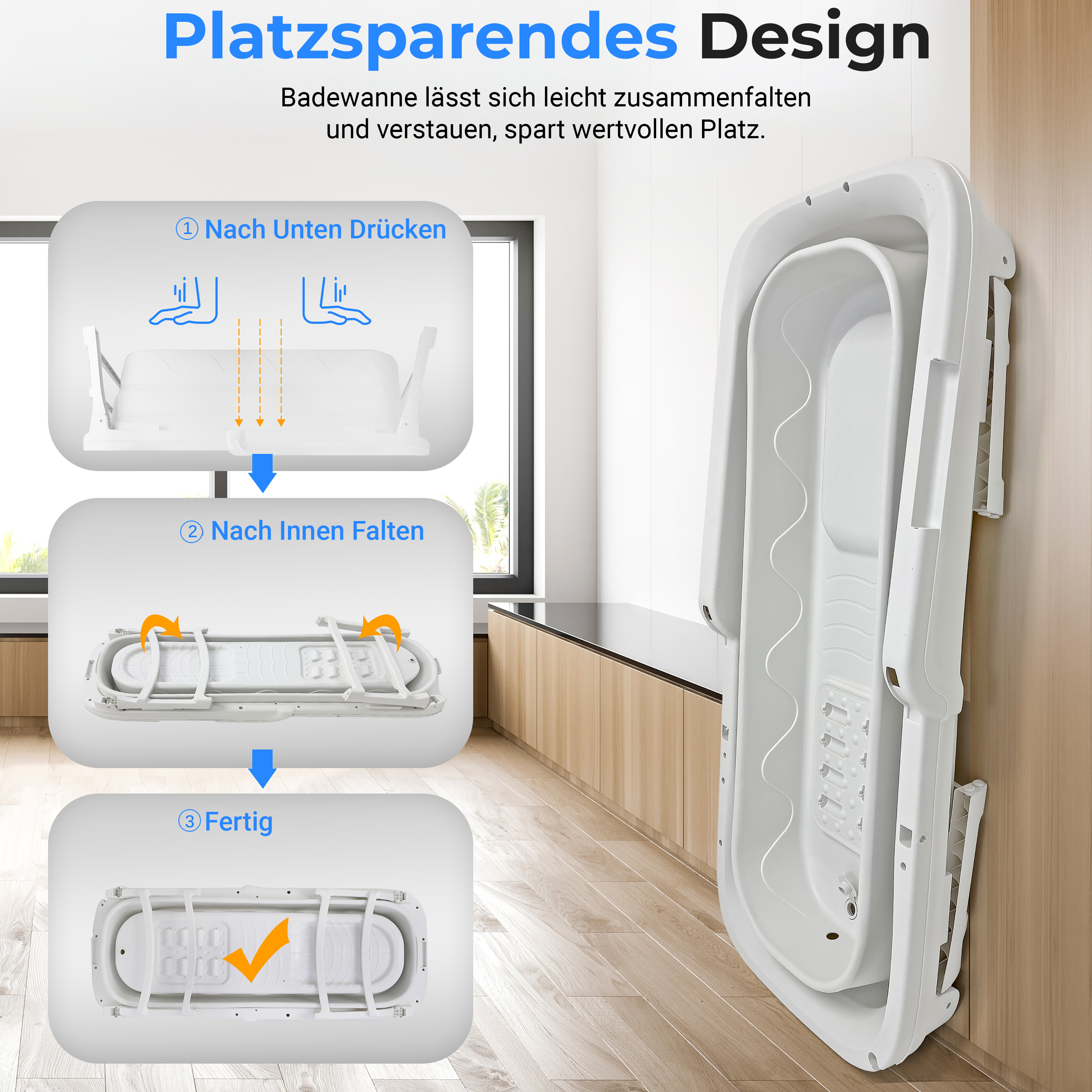 Eine weiße, faltbare Badewanne, die platzsparend zusammengeklappt ist.