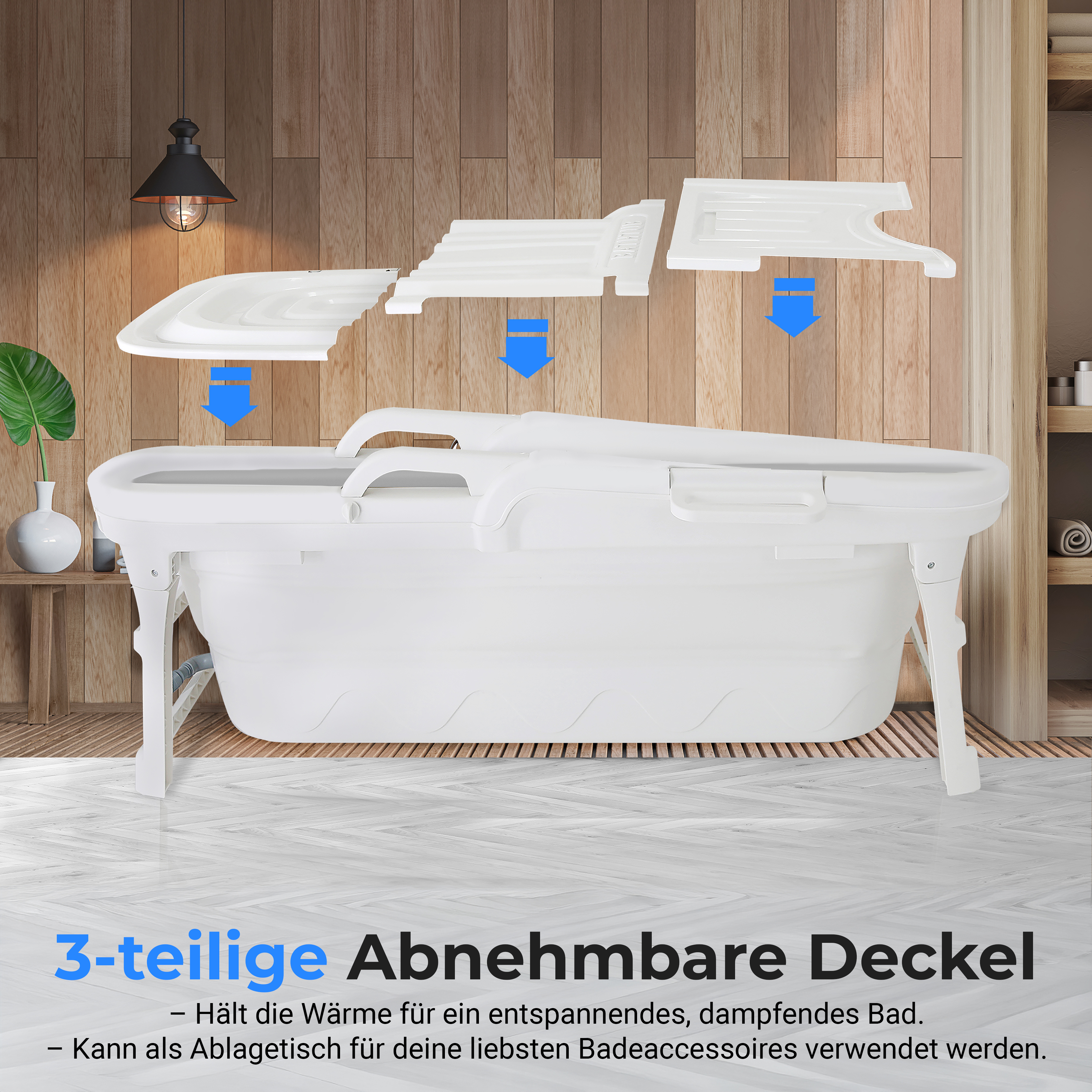 Ein weißer, faltbarer Wannenständer mit drei weißen Deckelteilen.