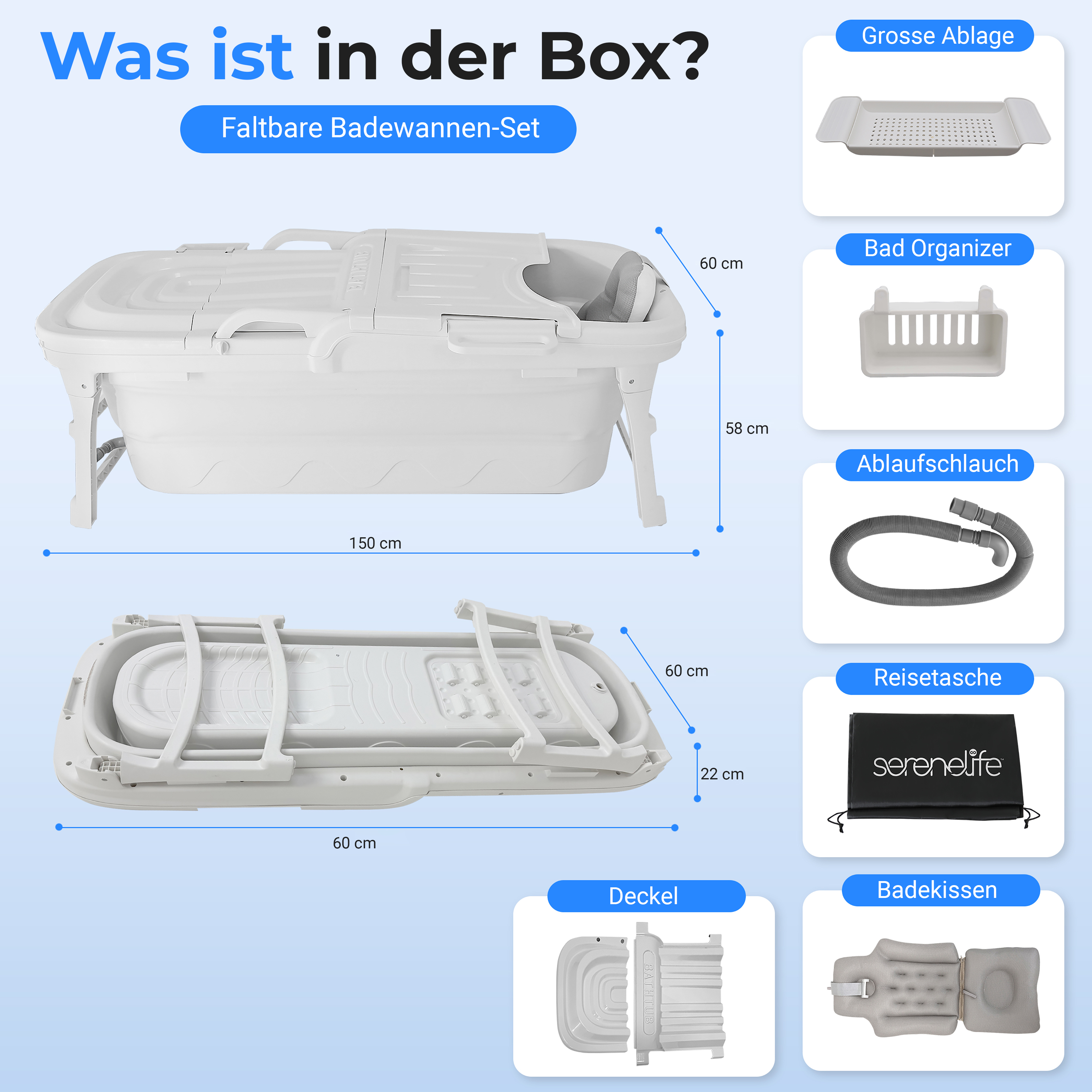 Ein faltbares Badewannenset mit Zubehör: Ablage, Organizer, Schlauch, Tasche, Deckel, Kissen.
