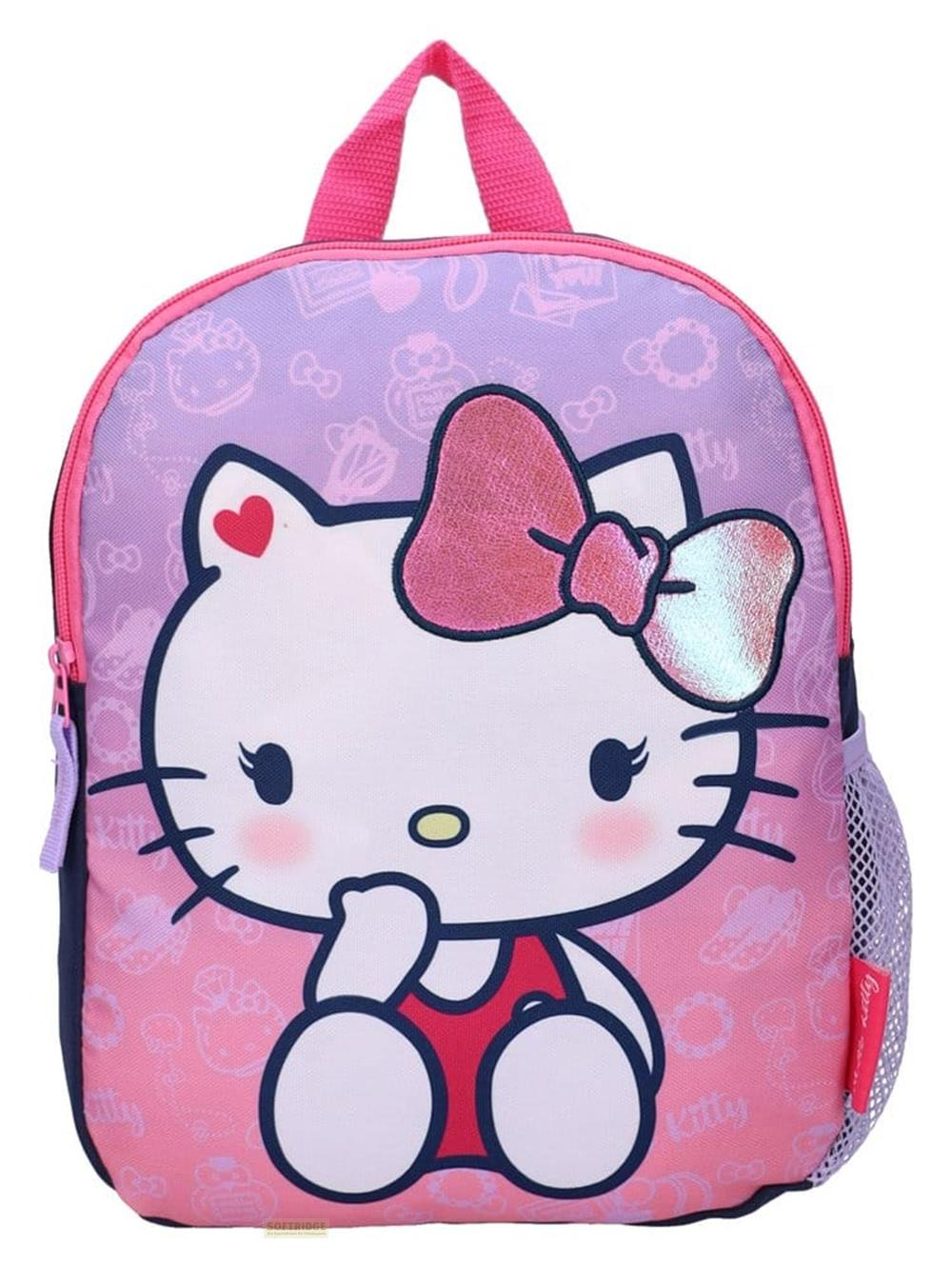 Una mochila rosa y morada de Hello Kitty con un lazo brillante.