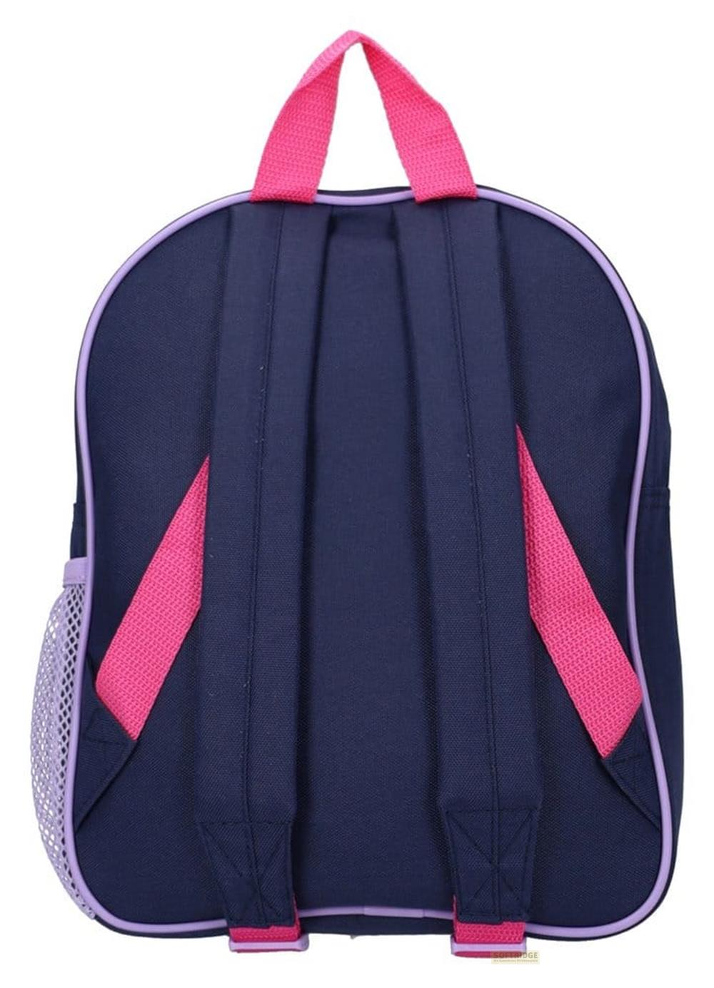Mochila azul marino con tirantes rosas y ribete lila.