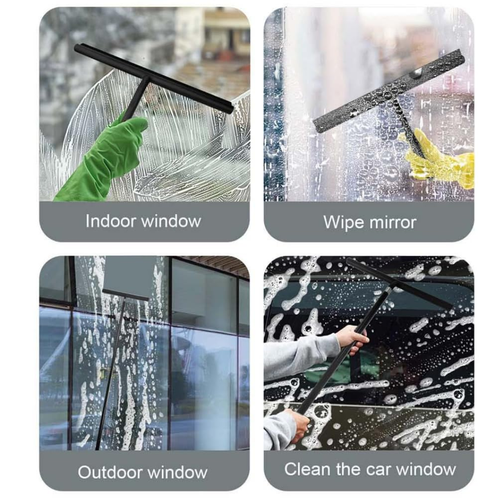 Vier Bilder zeigen Fensterputzer bei der Arbeit: innen, Spiegel, außen, Auto.