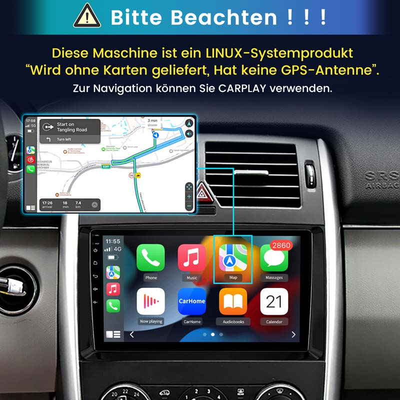 Navigationsbildschirm mit CarPlay-Symbolen und Warnmeldung.