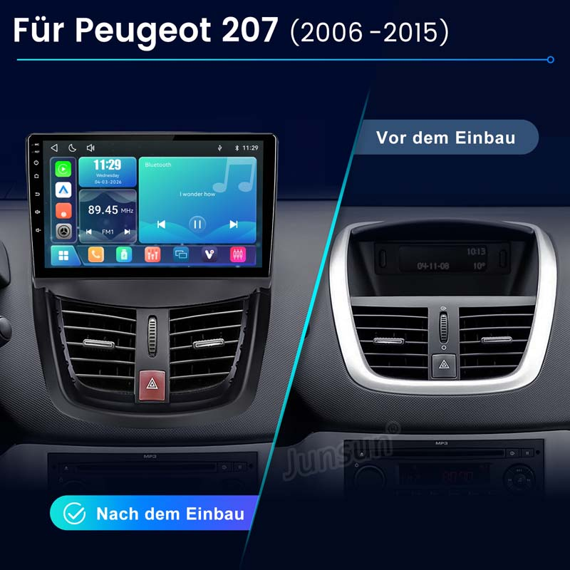 Vergleich eines Peugeot 207-Armaturenbretts vor und nach dem Einbau eines neuen Radios.